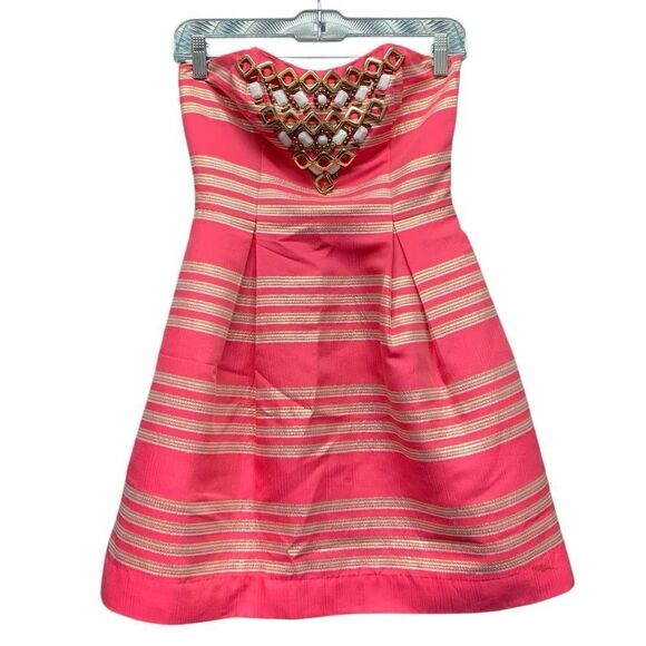 Lilly Pulitzer Strapless Mini Dress in Pink & Gold Size 00 - Picture 1 of 9